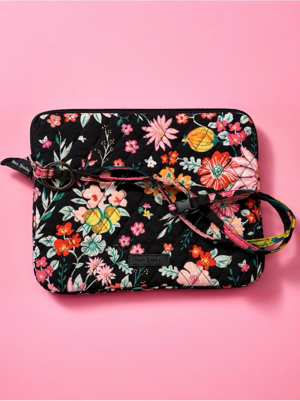 Vera Bradley Black Quilted iPad case with Pink, Orange & Teal Floral Print